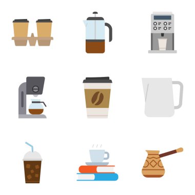 Kahve ikonları seti, kahve dükkanı elementleri. Vektör illüstrasyonu.