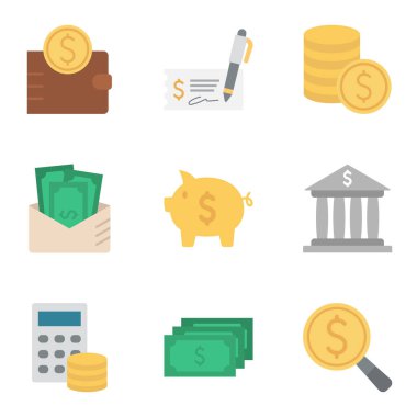 Para ve ödeme metodları ikonları. Piktogram beyaz arka planda izole edildi. Vektör illüstrasyonu.