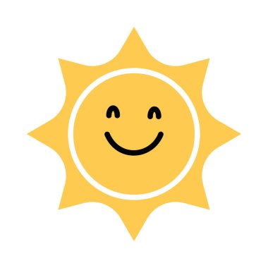 Mutlu güneş ikonu. Çizgi film sevimli güneş karakteri. Gülümseyen yaz güneşi. Vektör illüstrasyonu
