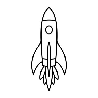 Roket sineği ikonu. Uzay yolculuğu. Projeyi başlatma işareti. Yaratıcı fikir sembolü. Roket gemisi uzaya fırlatıldı. Vektör illüstrasyonu