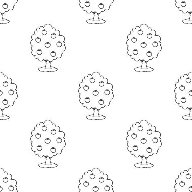 Şirin elma ağacıyla kusursuz desen, kumaş, ambalaj, tekstil, duvar kağıdı, giysi, düz stil için çizgi film bitkilerinin ana hatları.