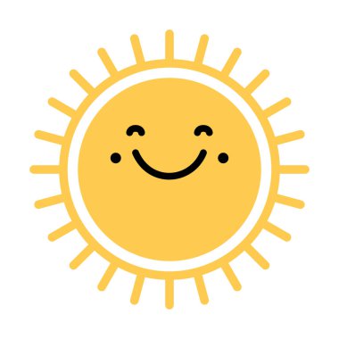 Mutlu güneş ikonu. Çizgi film sevimli güneş karakteri. Gülümseyen yaz güneşi. Vektör illüstrasyonu