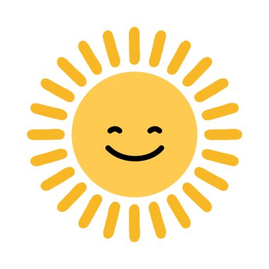 Mutlu güneş ikonu. Çizgi film sevimli güneş karakteri. Gülümseyen yaz güneşi. Vektör illüstrasyonu