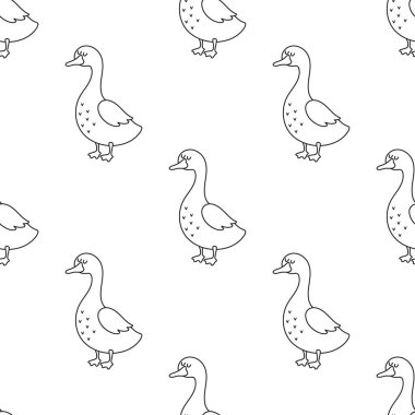 Düz biçimli çiftlik kuşları ile kusursuz desen, Kaz ile ana hatlı vektör çizimi