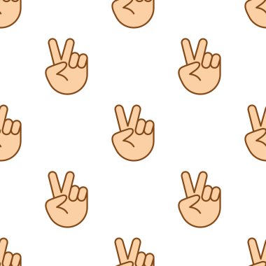 Kusursuz desen, elde zafer işareti var. Barış işareti. El kol hareketi V zaferi. Vektör illüstrasyonu.