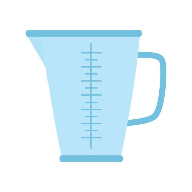Ölçme kabı, mutfak gereçleri, yemek pişirmek için yiyecek ölçme kabı, okulda ve laboratuvarda kimyasal deneyler için ölçüm kabı, düz vektör çizimi, çizgi film tarzı