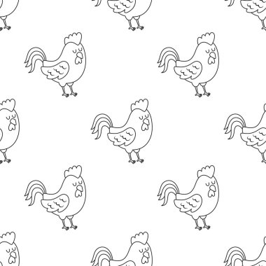 sevimli çizgi film horozu dikişsiz desen, düz arkaplan, ana hatlı vektör çizimi
