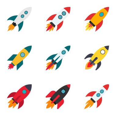 yaratıcı roket uzay gemisi, logo koleksiyonu, uçan roket simgesi renk seti