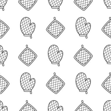 siyah ve beyaz fırın eldiveni ve tutkal çizgisi simgesi izole, beyaz arka planda kusursuz desen, mutfak vektörü çizimi
