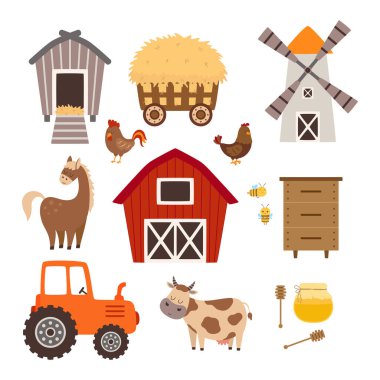 Şirin inek, at, tavuk, horoz ve arı kovanının yanı sıra çiftlik binaları, yel değirmeni, traktör, kırsal yaşam elementleri örneklerinin yer aldığı bir dizi çiftlik elementi.