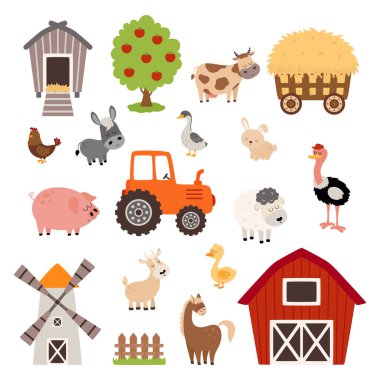 Çiftlik elementlerinin, şirin inekler, at, kaz, horoz, eşek, devekuşu ve domuzun yanı sıra çiftlik binaları, yel değirmeni, traktörler, kırsal yaşam unsurları çizimleri