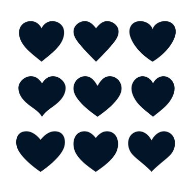 Aşk kalp işaretleri. Siyah kalp silueti koleksiyonu beyaz arka planda izole edilmiş. Vektör illüstrasyonu.