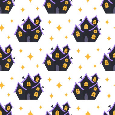 Cadılar Bayramı çizgi filmi kusursuz desen, beyaz arkaplandaki ev ve yıldızların düz vektör çizimi