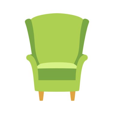 Beyaz arka planda izole edilmiş rahat yeşil koltuk, iç mekan için ev sandalyesinin düz vektör çizimi, oturma odası, yatak odası, lobi