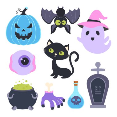 Düz vektör cadılar bayramı elementleri, şirin hayalet, siyah kedi, balkabağı, yarasa, göz, zombi eli, mezar, kazan ve beyaz arka planda izole edilmiş bir şişe zehir, çizgi film çıkartması koleksiyonu