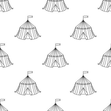 Beyaz arka planda bayrakları olan kusursuz bir sirk çadırı. Çocuk odası, kağıt ya da boyama sayfası için düz tekrar arkaplan.