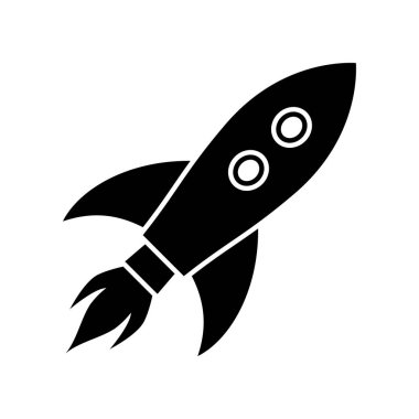 Uçan roket ikonu. Uzay yolculuğu. Projeyi başlatma işareti. Yaratıcı fikir sembolü. Ateşli bir roket gemisi. Vektör illüstrasyonu