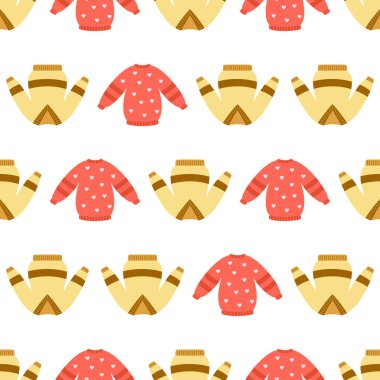 Sonbaharda süveterlerin pürüzsüz deseni, düz vektör illüstrasyon örtüsü ve kalın giysiler.