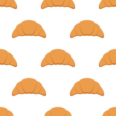 Beyaz üzerinde kruvasan deseni, düz şekilli karikatür duvar kağıdı, lezzetli kahvaltı.