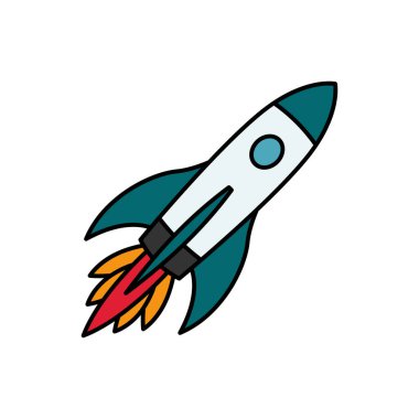 Roket uzayda uçuyor. Uzay gemisi roketi fırlatıldı. İş kurma konsepti. Vektör illüstrasyonu