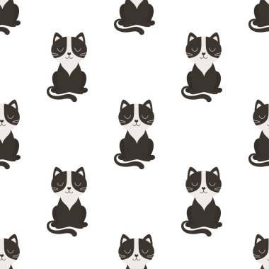 Çizgi film karakteri siyah kedili kusursuz desen, düz stil vektör renkli arkaplan