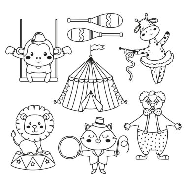 Sirk hayvanı setinin ana hatları, sirk hayvanları karakteri, palyaço ve çadır beyazlar üzerinde izole edilmiş.