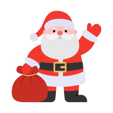 Noel Baba hediye çantasıyla ayakta duruyor. Beyaz arka planda Noel Baba karakteri.