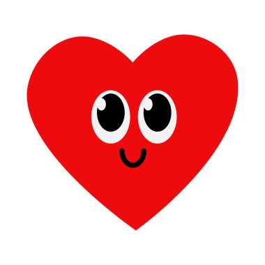 Mutlu kırmızı kalp, büyük, anlamlı gözler ve neşeli bir gülümseme. Vektör illüstrasyonu
