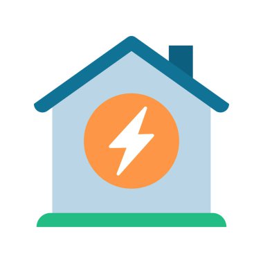 İçinde yıldırım bulunan turuncu bir daireye sahip ev, ev enerjisi çözümleri ve enerji verimliliği kavramını vurguluyor. Vektör illüstrasyonu.