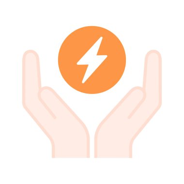 İki el, içinde beyaz bir yıldırım bulunan turuncu bir daireyi beşikte tutmak, enerjinin güvenli ve güvenli bir şekilde kullanılmasını sembolize eder. Vektör illüstrasyonu.