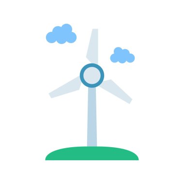 Rüzgar jeneratörü simgesi. Rüzgar türbini yeşil teknolojinin bir sembolü olarak rüzgar enerjisinden faydalanıyor. Vektör illüstrasyonu.