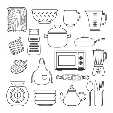 Çizgi film tarzı mutfak elementleri dizisi, tencere, mikrodalga, tabak, önlük, blender, tartı ve çaydanlık beyaz arkaplanda izole edilmiş çaydanlık simgeleri koleksiyonu