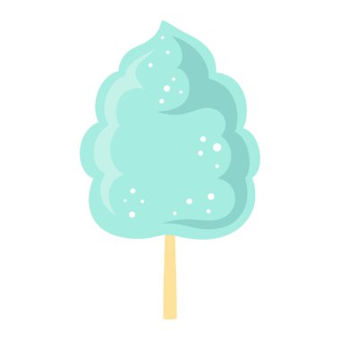 Yumuşak pamuk şekerin düz vektör çizimi, çubukta lezzetli yeşil şeker bulutu, sokak fuarında geleneksel yemek, sirk veya karnaval, beyaz arka planda izole edilmiş tatlı atıştırmalık