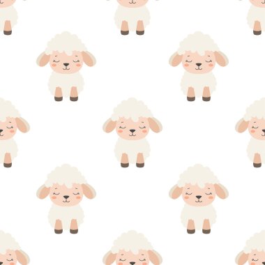 Beyaz arka planda küçük koyunları olan çocuklar için pürüzsüz desen, düz paskalya vektörü çizimi