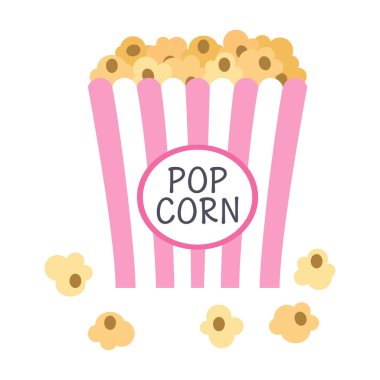 Düz stil patlamış mısır kutusu, beyaz arkaplanda izole edilmiş film izlemek için atıştırmalık.