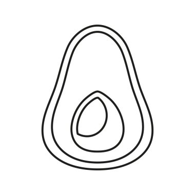 Avokado çizgisi simgesi beyaz arkaplanda izole edilmiş, yarım meyve ana hatlarıyla