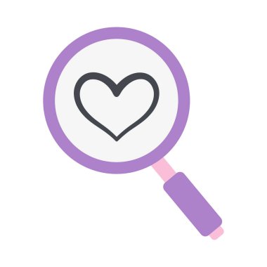 Güzel bir çizgi film çizimi, mercekte kalbi olan büyüteç, beyaz arka planda düz vektör baskısı, aşk ikonu aranıyor, Sevgililer Günü için tebrik kartı.