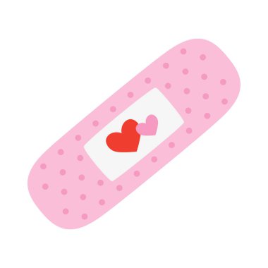 Yapışkan alçı, kalp, beyaz üzerine izole edilmiş tıbbi alçı şeridinin düz vektör çizimi, kan bağışı konsepti veya yara tedavisi, Sevgililer Günü için parmak izi.