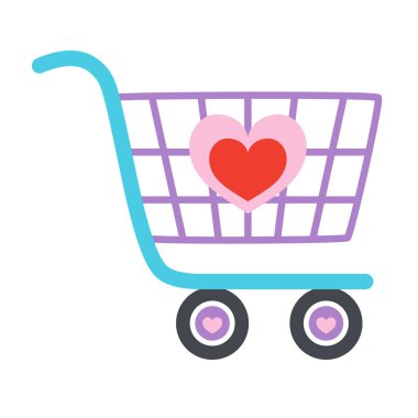 Kalbi olan market arabası, sevgililer günü için market sepeti vektör elemanı, hayır arabası.