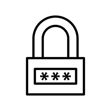 Kapalı asma kilit, beyaz arka planda bir parolayı gösteren üç yıldız işareti var. Vektör illüstrasyonu