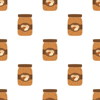 tatlı tereyağı kavanozu ve sandviçi olan dikişsiz fıstık desenleri, çizgi film tarzı fındıkların vektör çizimi, yemek arkaplanı