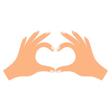 İki el bir arada kalp şeklini oluşturuyor, aşkı gösteriyor, romantik bir sembol, jest, beyaz arka planda izole edilmiş düz vektör çizimi gibi.