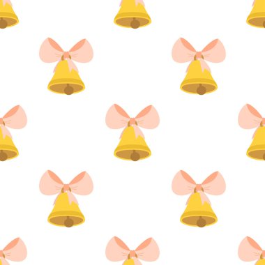 Pembe kurdeleli altın sarısı çan, kusursuz desenli, her bayram için uygun Noel, Paskalya, düğün, okul, düz çizgi film tarzı