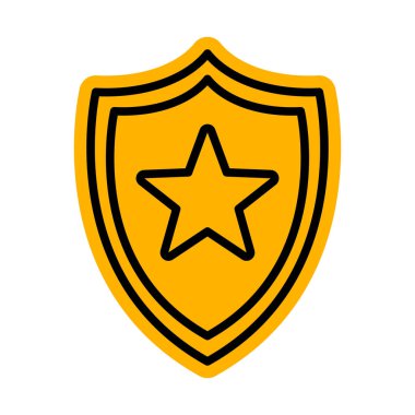 Siyah yıldızlı sarı kalkan, güvenlik ve korumayı temsil ediyor. Vektör illüstrasyonu