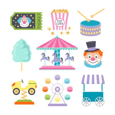 Karnaval eğlencesinin vektör çizimi, komik sirk elemanları seti bilet, patlamış mısır, pamuk şeker, davul ve palyaço, lunaparktaki karnaval atlıkarınca