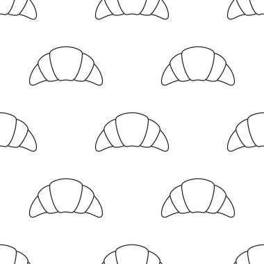 Siyah ve beyaz kruvasan desenli, kafe veya fırın arka planı için uygun.