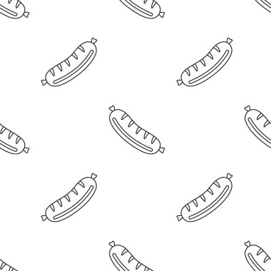 Beyaz arka planda izole edilmiş sade sosis, sokak yemekleri konsepti, ızgara sosisin ana hatları, düz tasarım, çizgi film tarzında fast food.