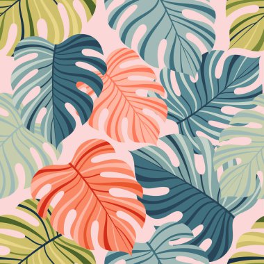 Tropik yeşil ve pembe yapraklı kusursuz desen, canavar palmiye yaprağı arka planı, egzotik yapraklı yaratıcı duvar kağıdı, kumaş, kağıt, kapak, iç dekorasyon ve diğerleri için tasarım