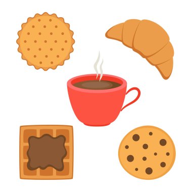 Fincanlı, kahveli, yuvarlak krakerli, çikolatalı, kruvasan ya da Belçika waffle 'lı sağlıklı kahvaltı. Çizgi film tarzında, düz dizayn edilmiş sabahın vektör çizimi.