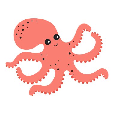 Kırmızı ahtapot çizgi film karakteri, beyaz arka planda izole edilmiş şirin hayvanın düz vektör çizimi